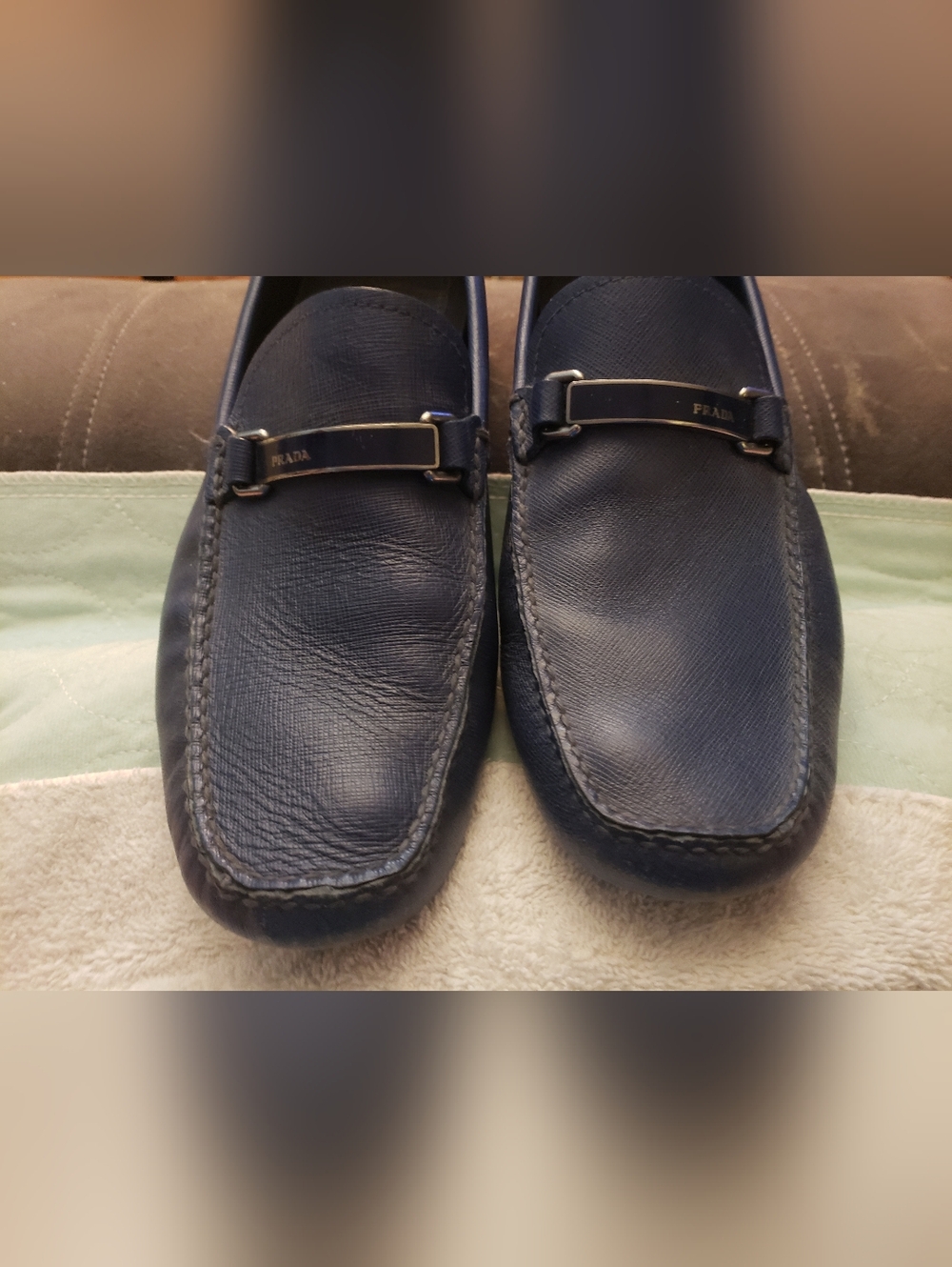 PRADA MENS BLUE ITALIAN LEATHER LOAFERS GOOD CONDITION SZ-10,5 SAFFIANO BLUE - Picture 4 of 12